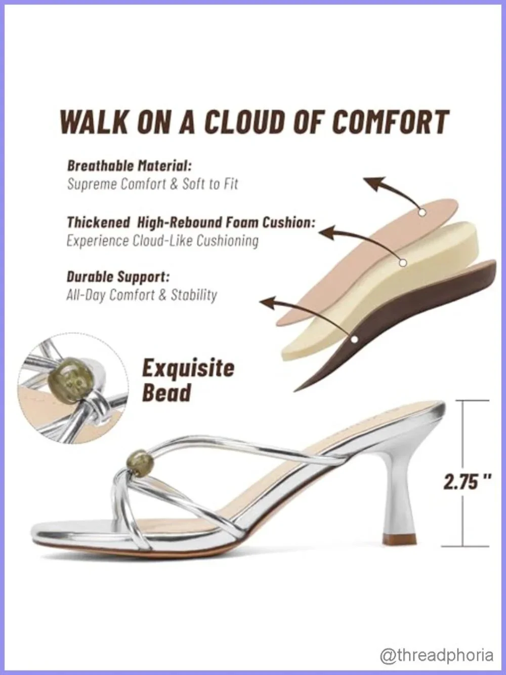 Slip On Kitten Heels for Women Round Open Toe Beaded Heeled Sandals
